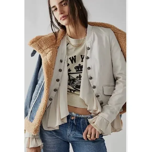 Free People Ruffles Romance Jacket Natural Blazer Womens Sz Medium Cool Buttons - Picture 2 of 16